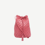 KABE SHOP INC Pompom Double Jump Bag in pink woven buffalo calf leather with a crossbody strap and tassel detail.