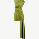 KABE SHOP INC Ravenna mini dress in olive green with sculpted draping, gathered waist, and asymmetric sash skirt.