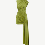 KABE SHOP INC Ravenna mini dress in olive green with sculpted draping, gathered waist, and asymmetric sash skirt.