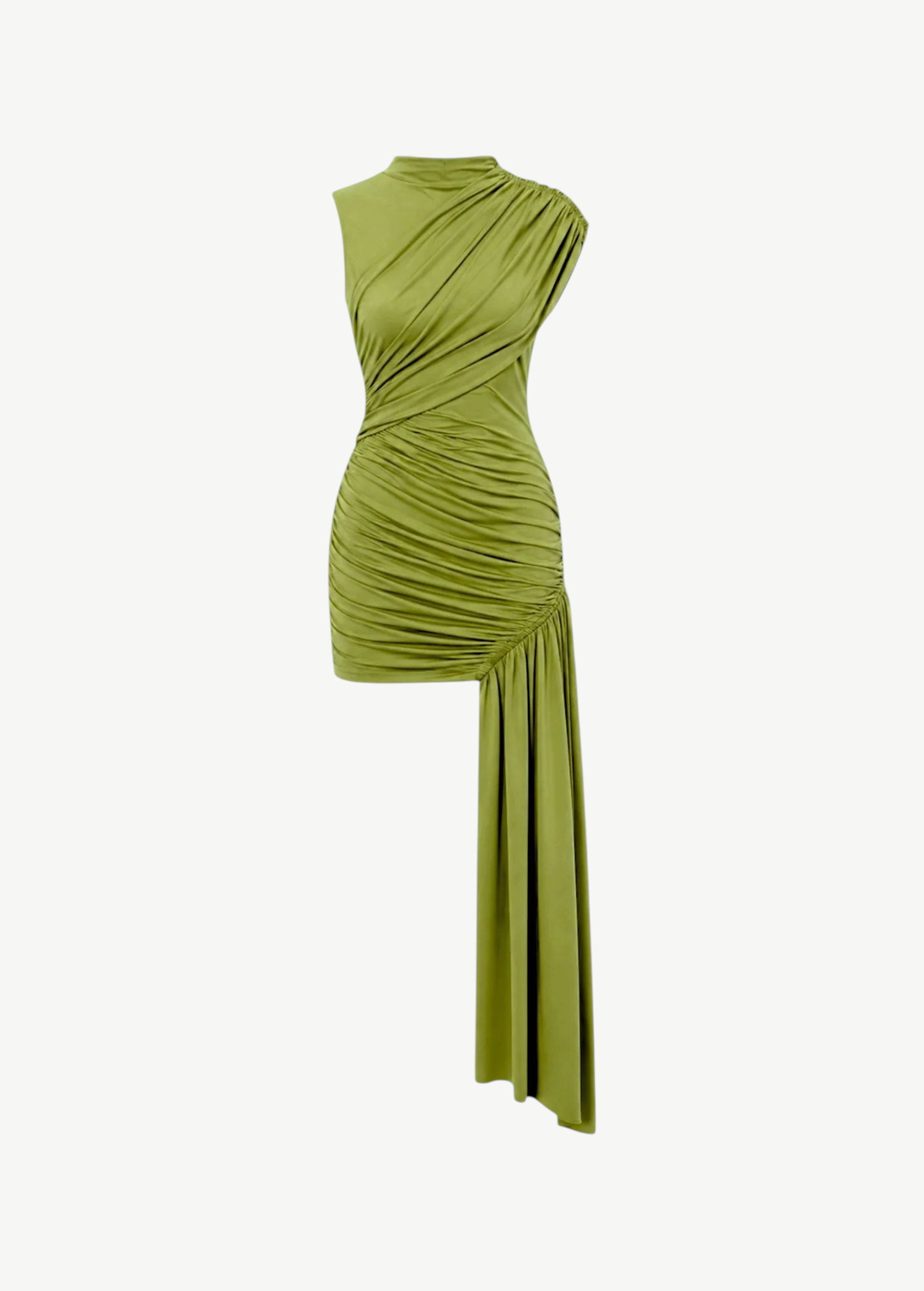 KABE SHOP INC Ravenna mini dress in olive green with sculpted draping, gathered waist, and asymmetric sash skirt.