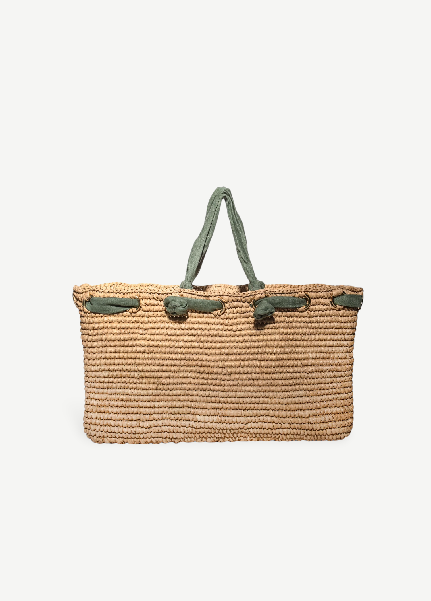 KABE SHOP INC rectangular bag handcrafted from natural Toquilla straw with sage green fabric handles and trim