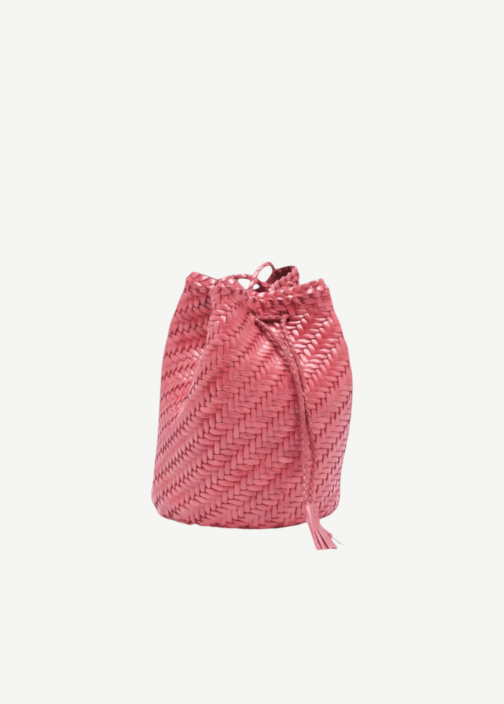 KABE SHOP INC Pompom Double Jump Bag in red woven buffalo calf leather with a drawstring closure and tassel detail.