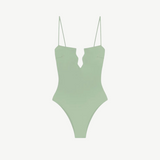 KABE SHOP INC Regatta one piece swimsuit in sage green with a modern zig-zag neckline and thin spaghetti straps.