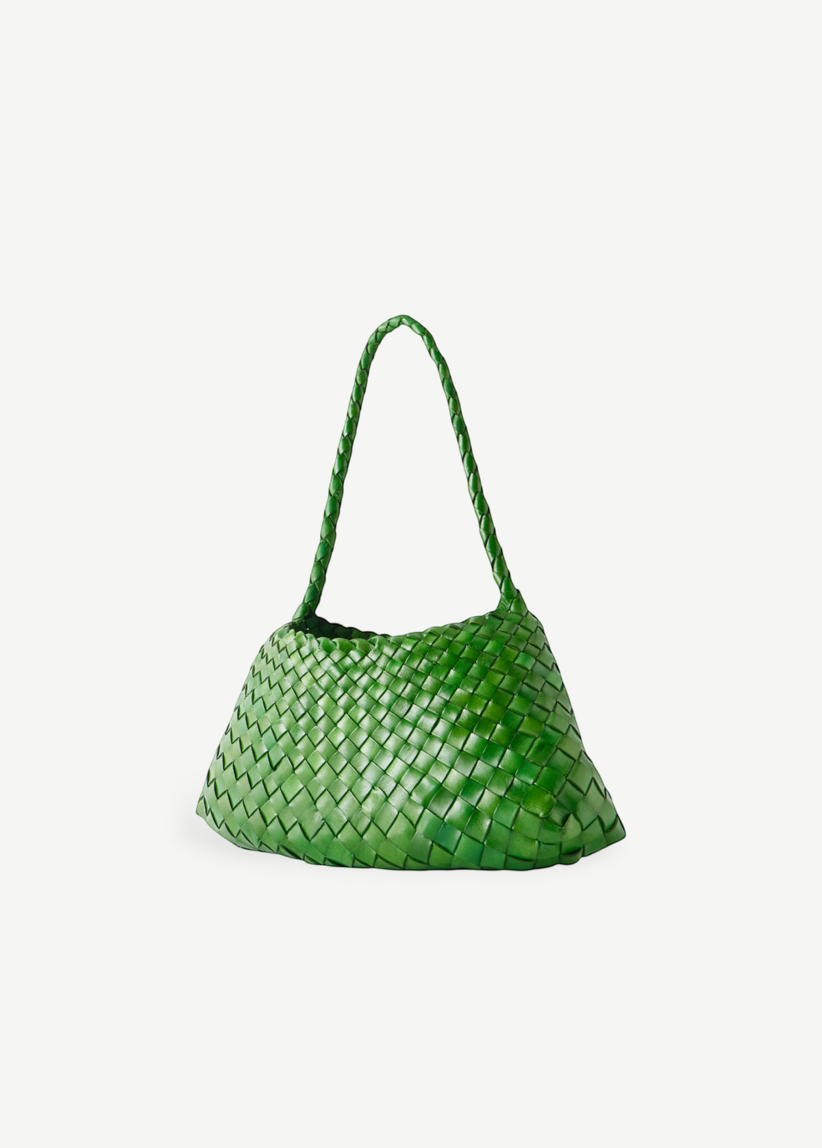 KABE SHOP INC Rosanna Bag in vibrant green handwoven buffalo leather with a sleek shoulder strap silhouette.