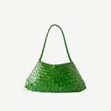 KABE SHOP INC Rosanna bag in vibrant green handwoven buffalo leather with a sleek shoulder strap silhouette.