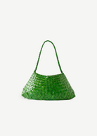 KABE SHOP INC Rosanna bag in vibrant green handwoven buffalo leather with a sleek shoulder strap silhouette.