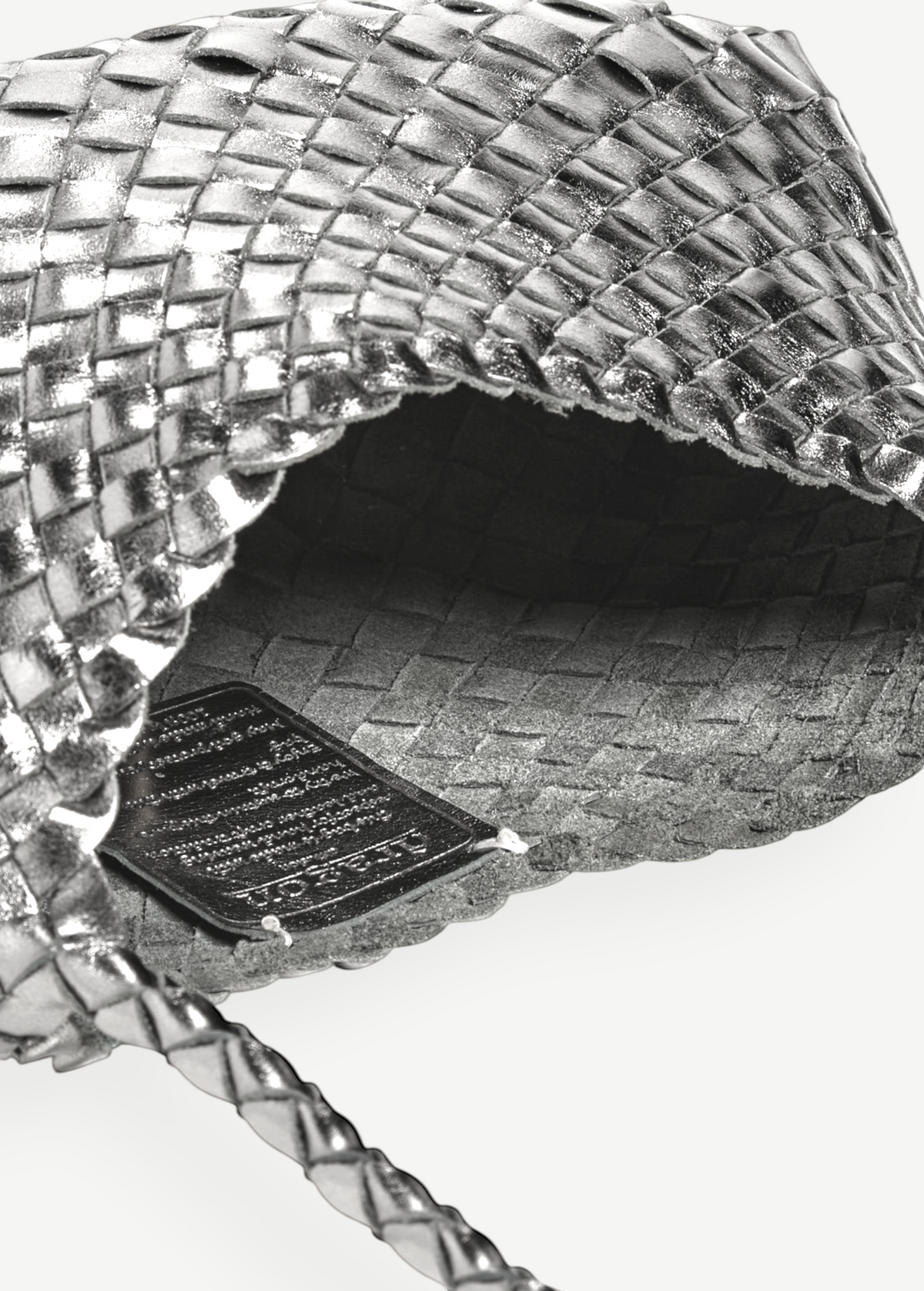 KABE SHOP INC Rosanna Bag in metallic silver handwoven buffalo leather with a detailed interior weave and shoulder strap