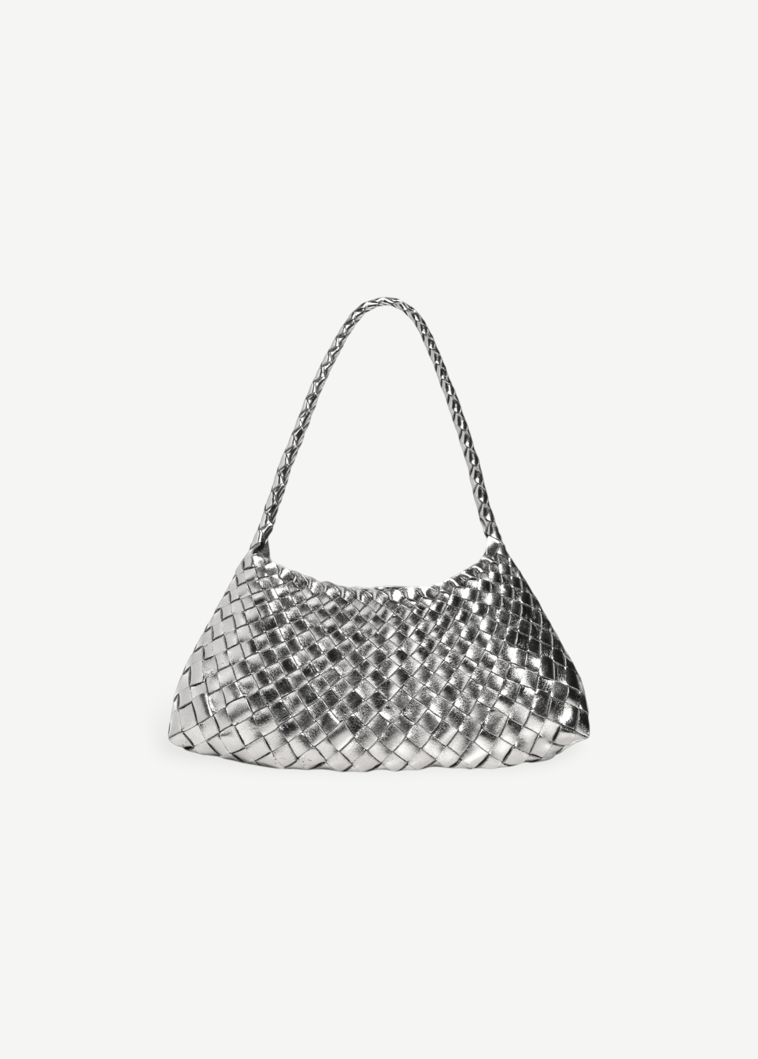 KABE SHOP INC Rosanna Bag in metallic silver handwoven buffalo leather with a braided shoulder strap
