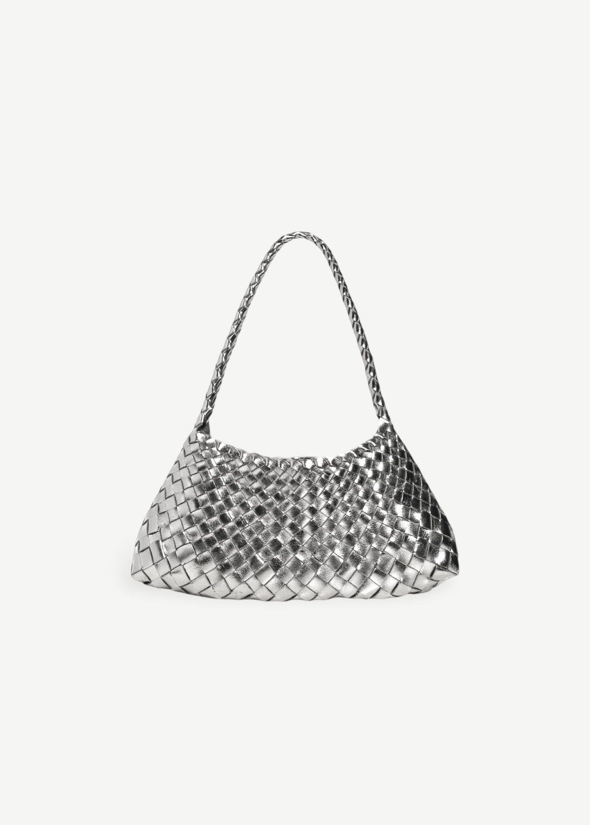 KABE SHOP INC Rosanna Bag in metallic silver handwoven buffalo leather with a braided shoulder strap