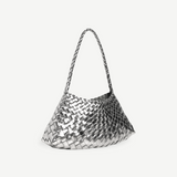 KABE SHOP INC Rosanna Bag in metallic silver handwoven buffalo leather with a braided shoulder strap
