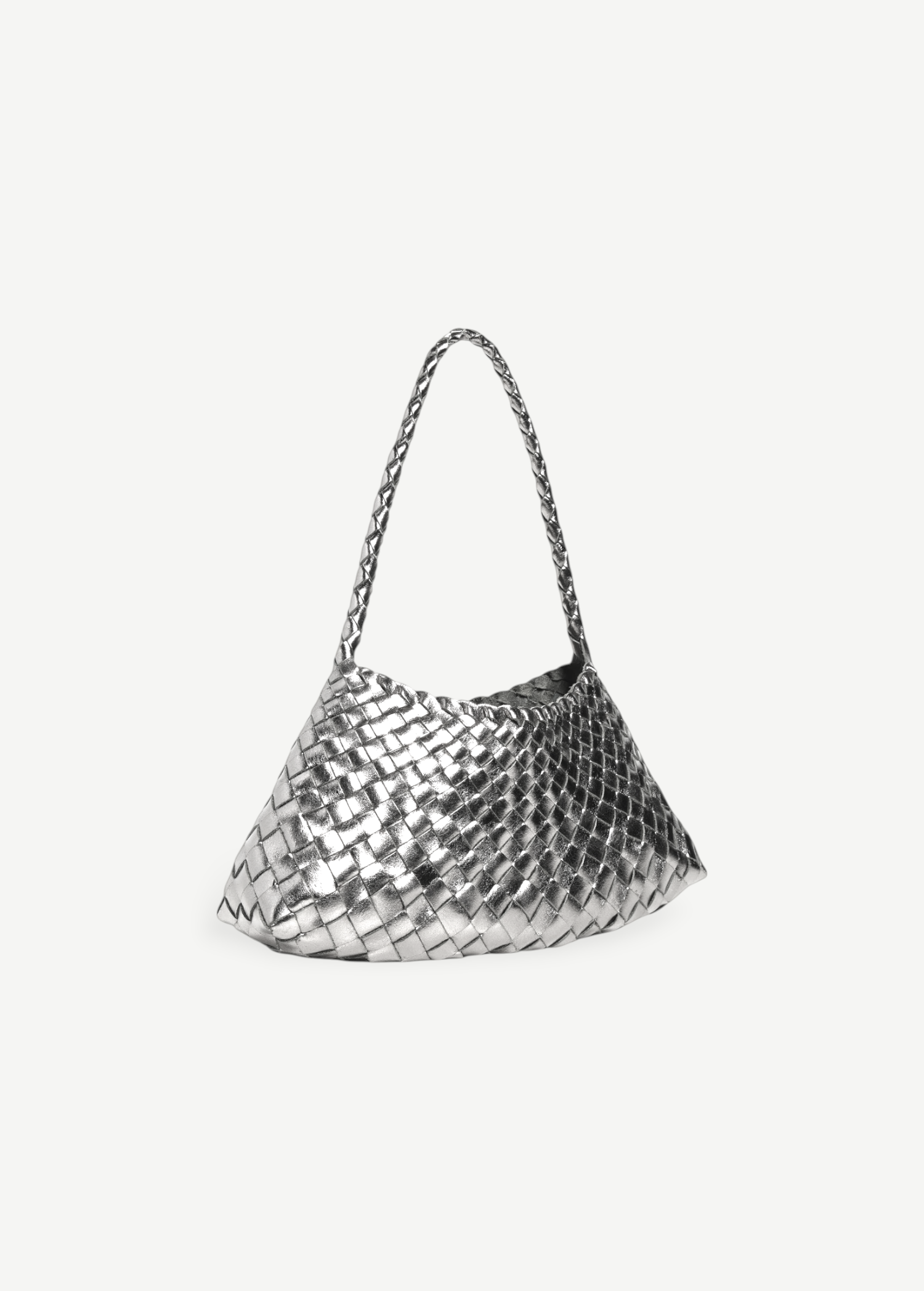KABE SHOP INC Rosanna Bag in metallic silver handwoven buffalo leather with a braided shoulder strap