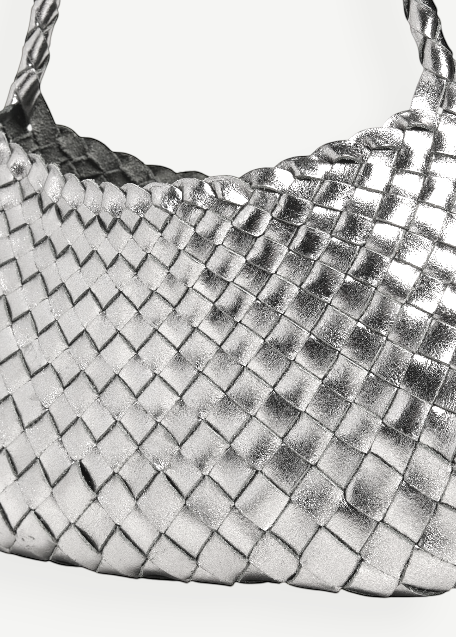 KABE SHOP INC Rosanna Bag in metallic silver handwoven buffalo leather with a braided shoulder strap