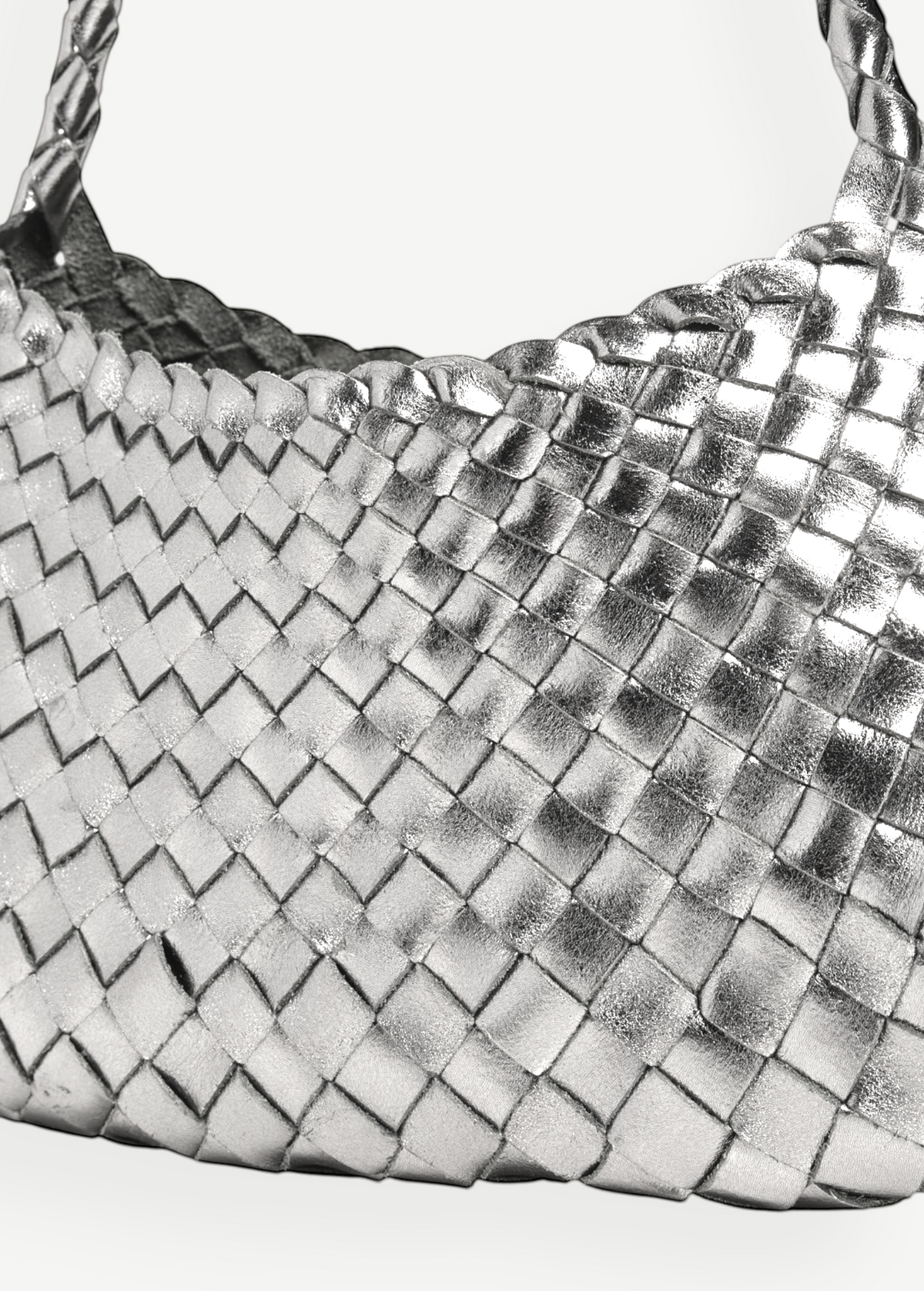 KABE SHOP INC Rosanna Bag in metallic silver handwoven buffalo leather with a braided shoulder strap