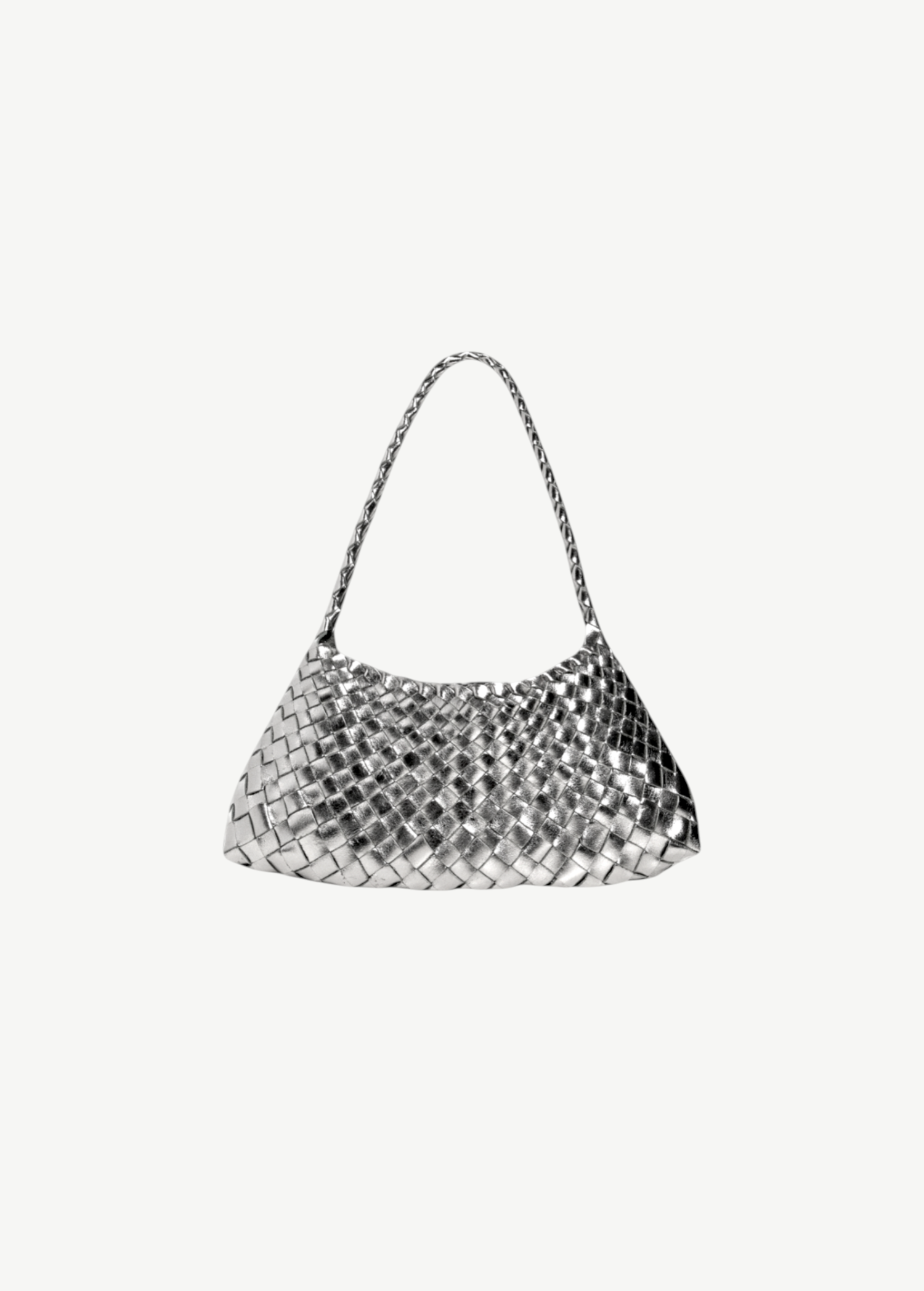 KABE SHOP INC Rosanna Bag in metallic silver handwoven buffalo leather with a braided shoulder strap