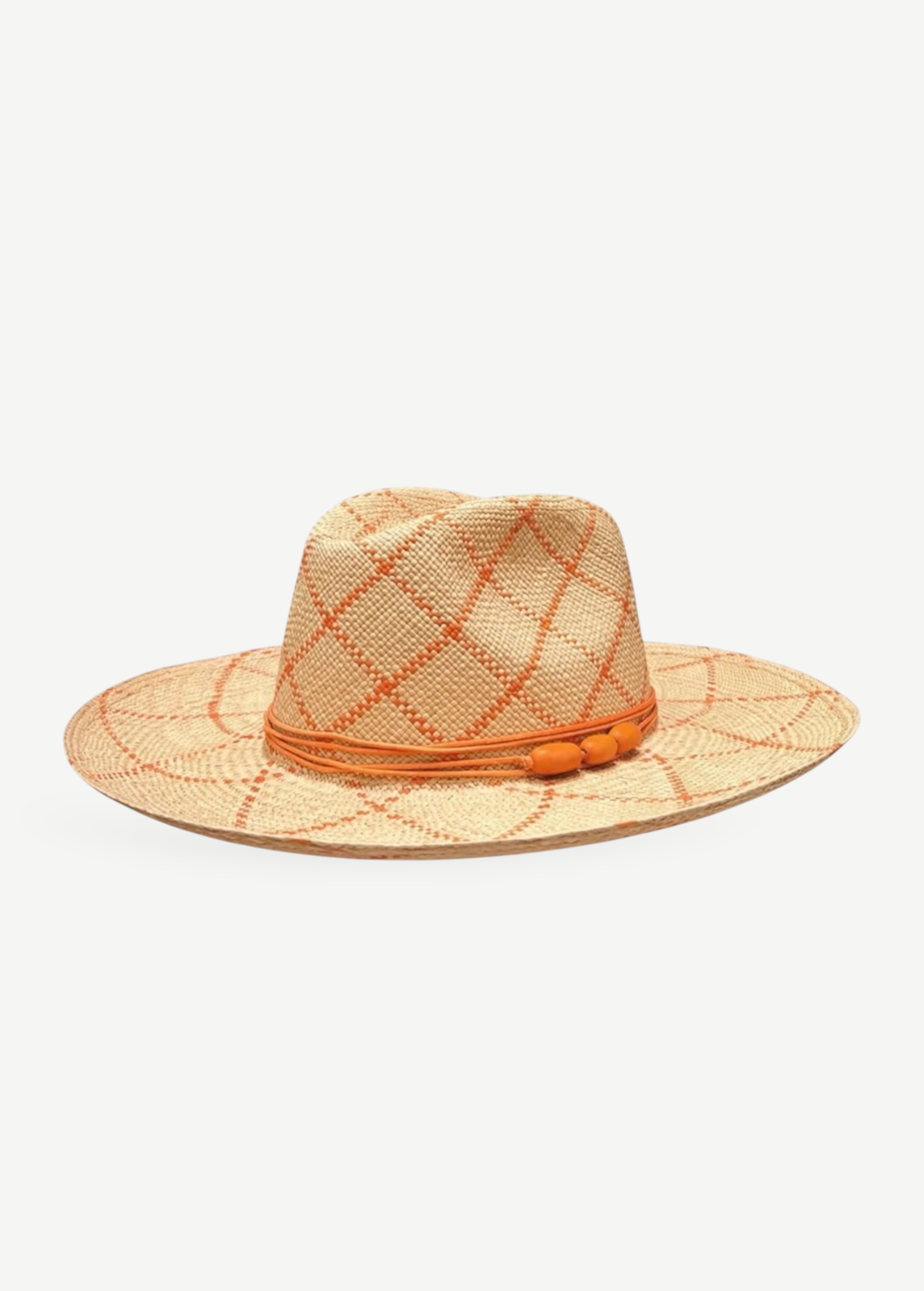 KABE SHOP INC Sangay wide brim straw hat with orange diamond pattern and decorative bead trim