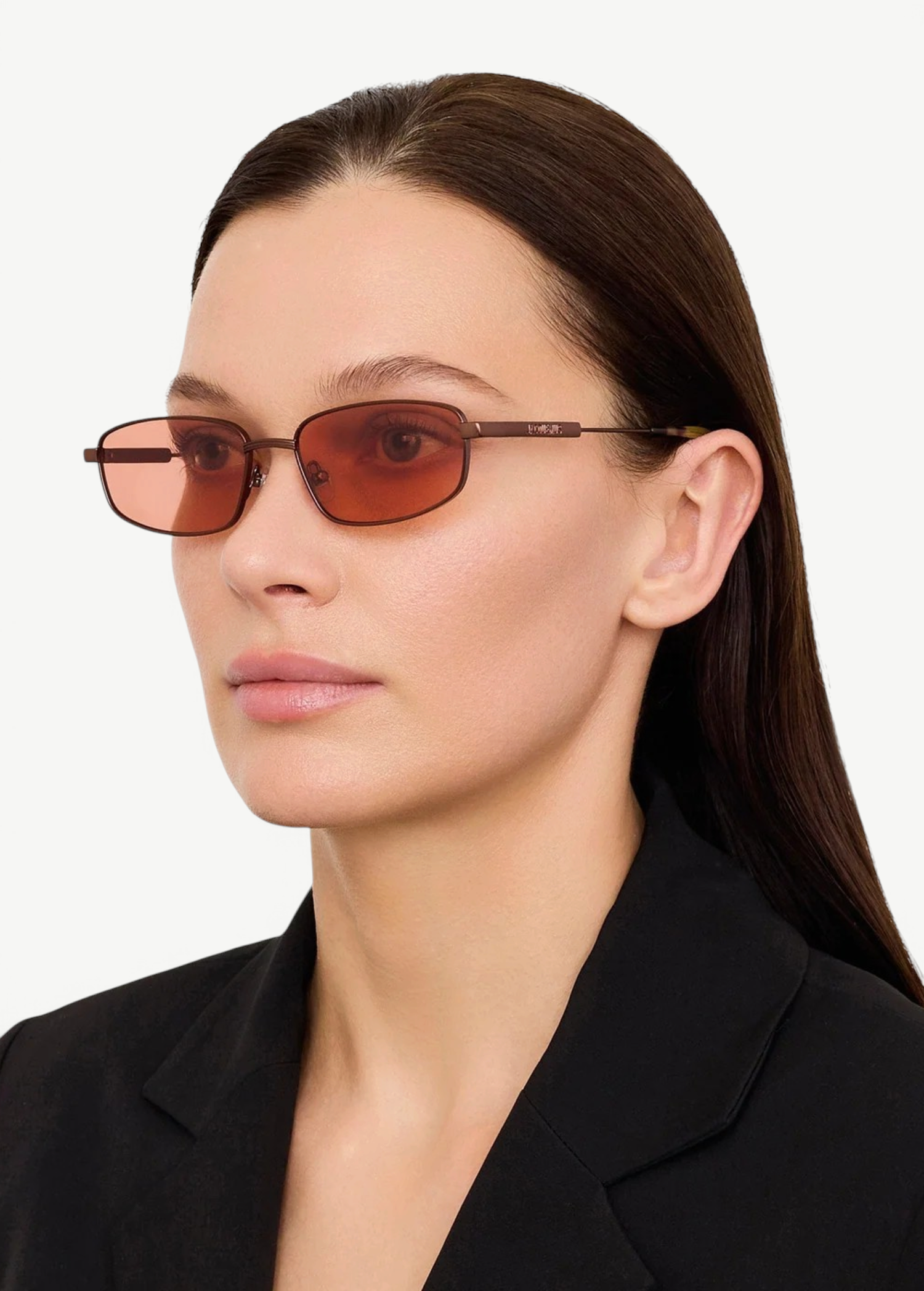 KABE SHOP INC Sera rectangular sunglasses in matte brown stainless steel with rose-tinted lenses on a model