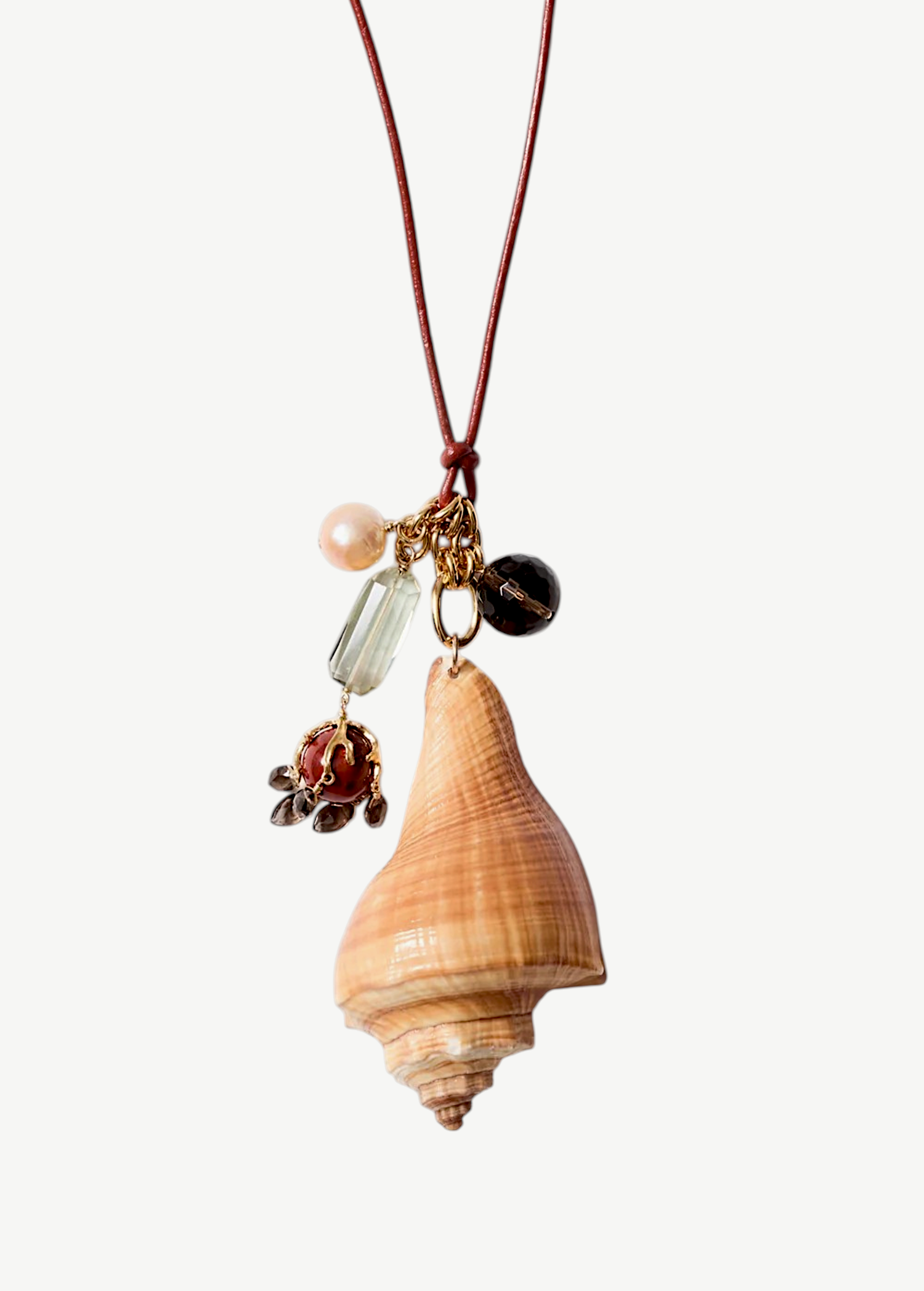 KABE SHOP INC Shell Necklace featuring a large conch shell, colorful gemstone charms, and adjustable leather cord