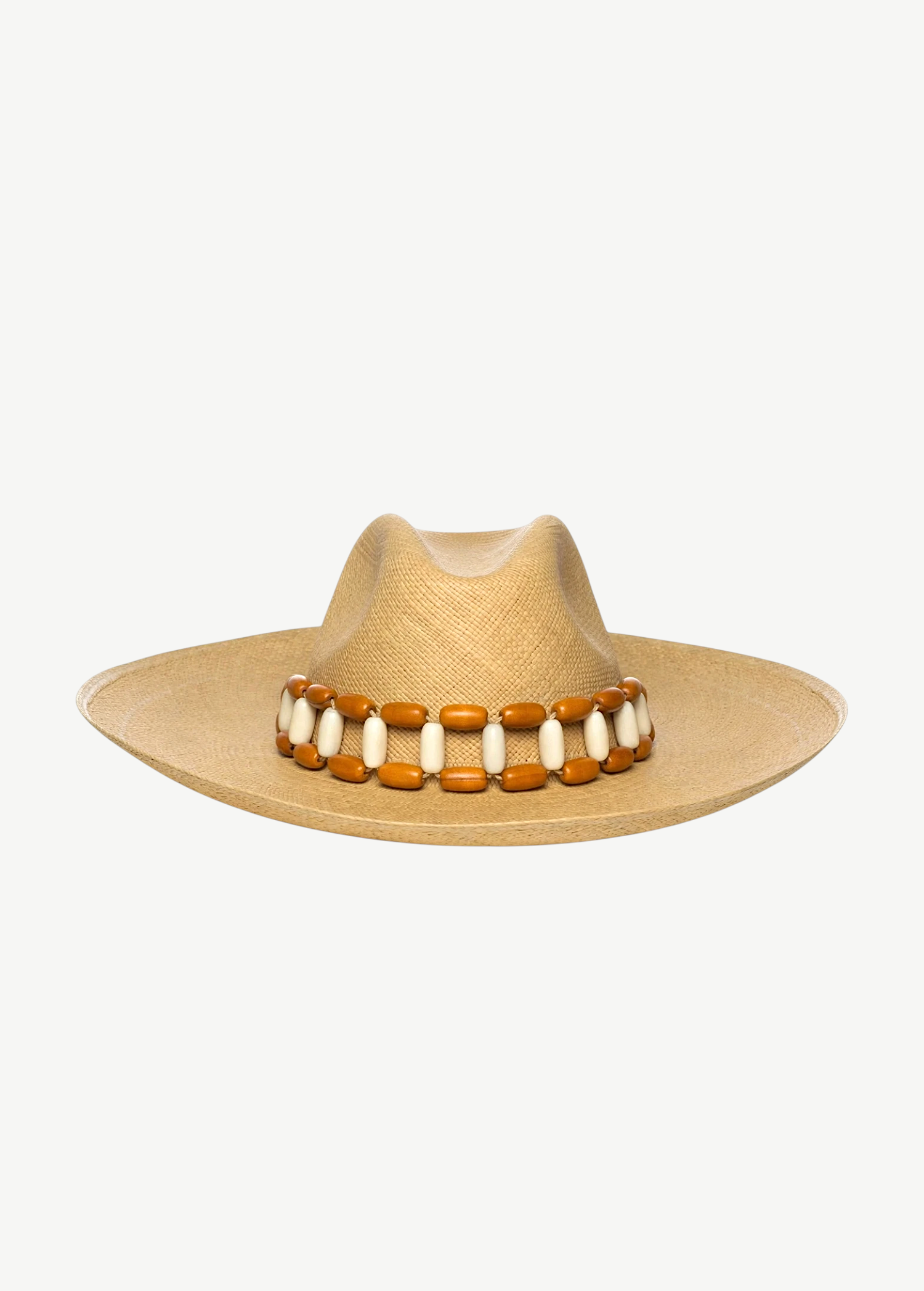 KABE SHOP INC Sine wide brim straw hat featuring a decorative band of alternating brown and cream wooden beads.