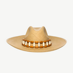 KABE SHOP INC Sine wide brim straw hat featuring a decorative band of alternating brown and cream wooden beads.