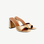 KABE SHOP INC Sloane gold metallic leather block heel sandals with an open toe and square silhouette.