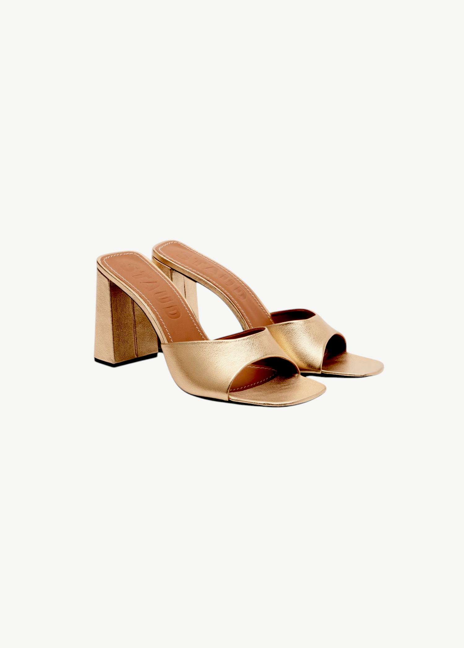 KABE SHOP INC Sloane gold metallic leather block heel sandals with an open toe and square silhouette.