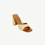 KABE SHOP INC Sloane Heel sandals featuring a tan leather footbed and a natural raffia-wrapped block heel