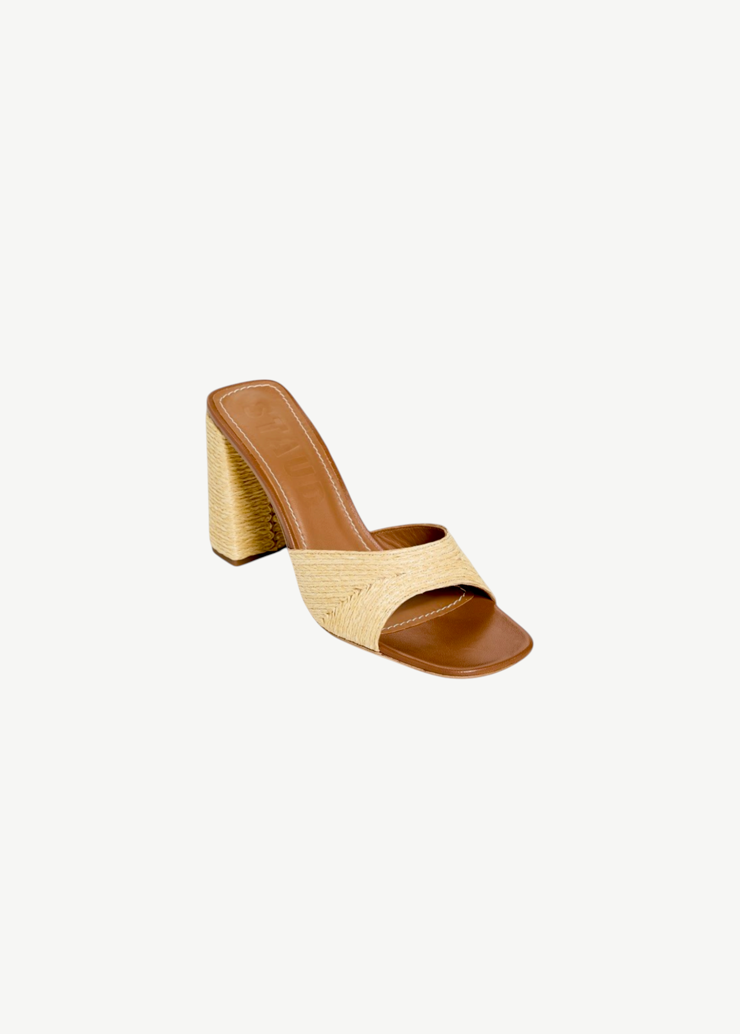 KABE SHOP INC Sloane Heel sandals featuring a tan leather footbed and a natural raffia-wrapped block heel