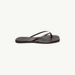 KABE SHOP INC Square Toe Lily flip flops in dark brown crocodile-embossed Brazilian leather with a square toe.