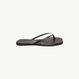 KABE SHOP INC Square Toe Lily flip flops in dark brown crocodile-embossed Brazilian leather with a square toe.