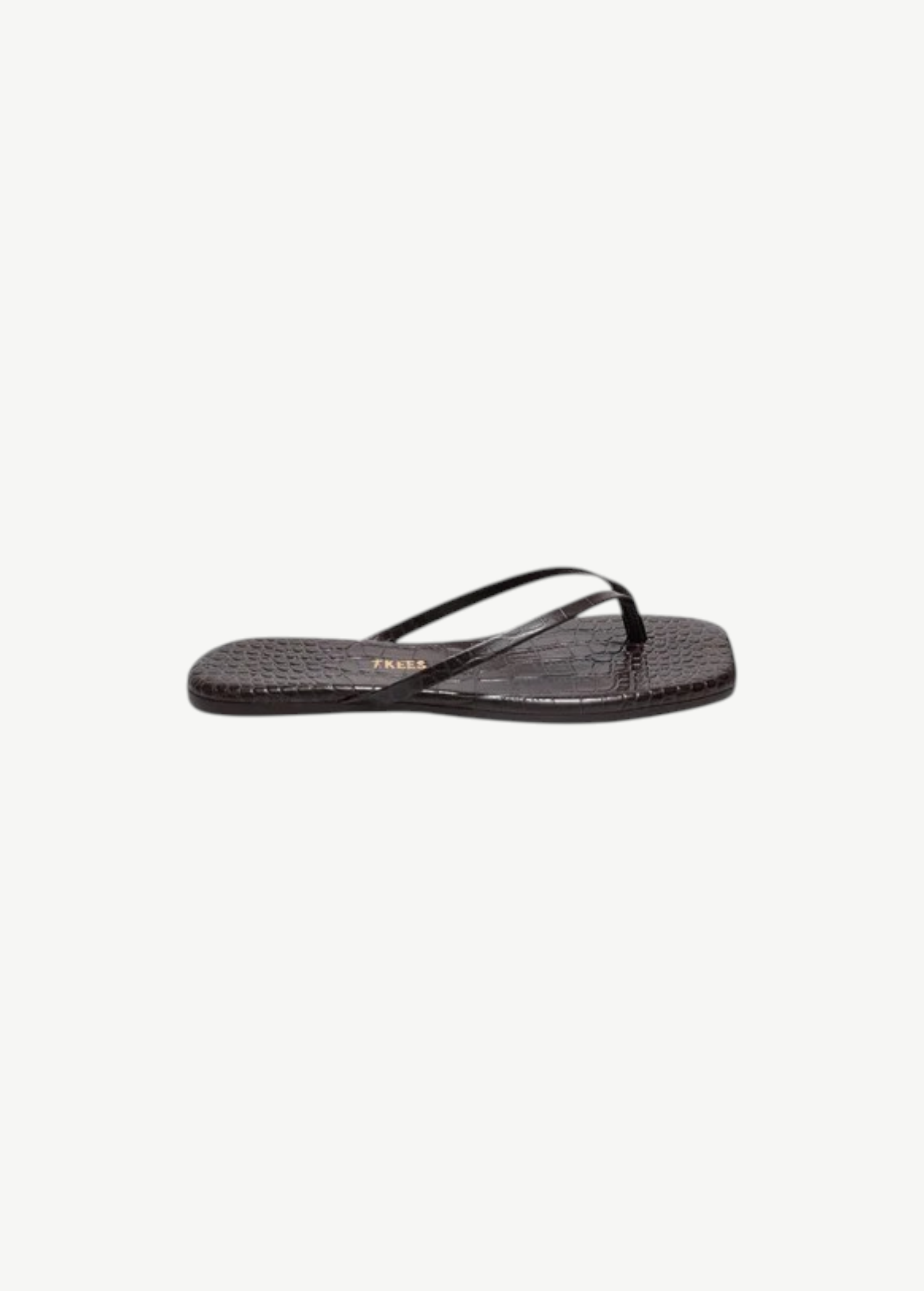 KABE SHOP INC Square Toe Lily flip flops in dark brown crocodile-embossed Brazilian leather with a square toe.
