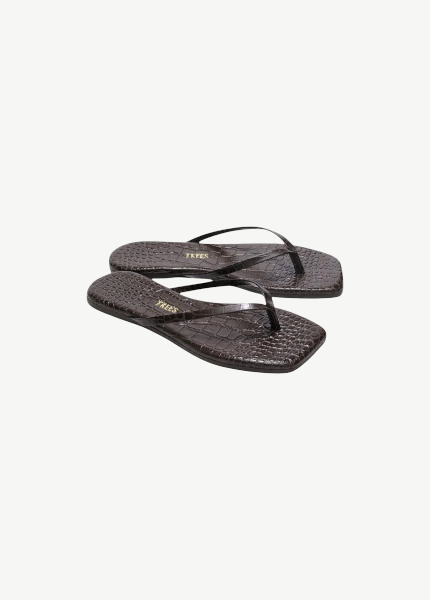 KABE SHOP INC Square Toe Lily flip flops in dark brown crocodile-embossed leather with a cushioned insole.