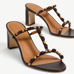 KABE SHOP INC Talita Heel brown leather sandals with beaded t-strap detail and block heel for special occasions
