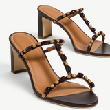 KABE SHOP INC Talita Heel brown leather sandals with beaded t-strap detail and block heel for special occasions