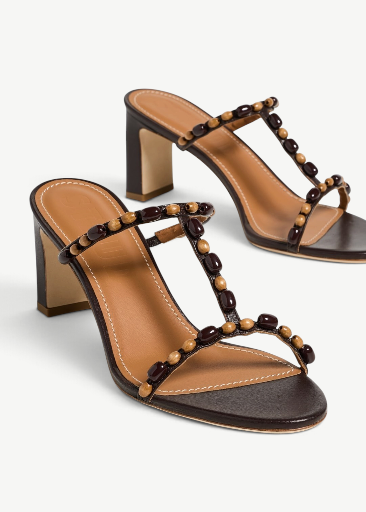 KABE SHOP INC Talita Heel brown leather sandals with beaded t-strap detail and block heel for special occasions