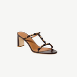 KABE SHOP INC Talita Heel brown leather sandal with decorative wooden beads on the T-strap and a block heel