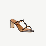 KABE SHOP INC Talita Heel brown leather sandal with decorative wooden beads on the T-strap and a block heel