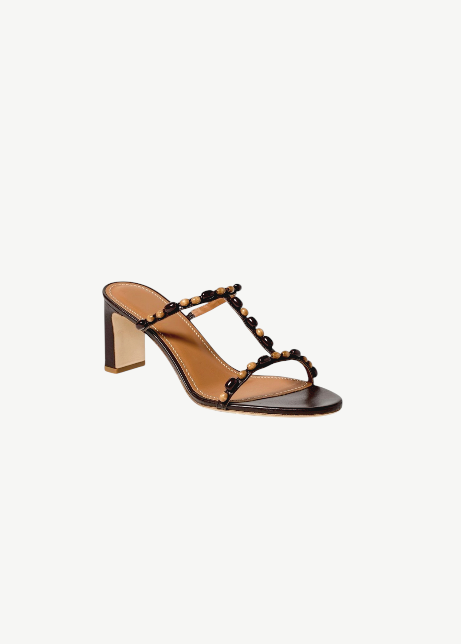 KABE SHOP INC Talita Heel brown leather sandal with decorative wooden beads on the T-strap and a block heel