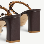 KABE SHOP INC Talita Heel dark brown block heel sandals with decorative wooden and dark bead strap details