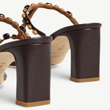 KABE SHOP INC Talita Heel dark brown block heel sandals with decorative wooden and dark bead strap details