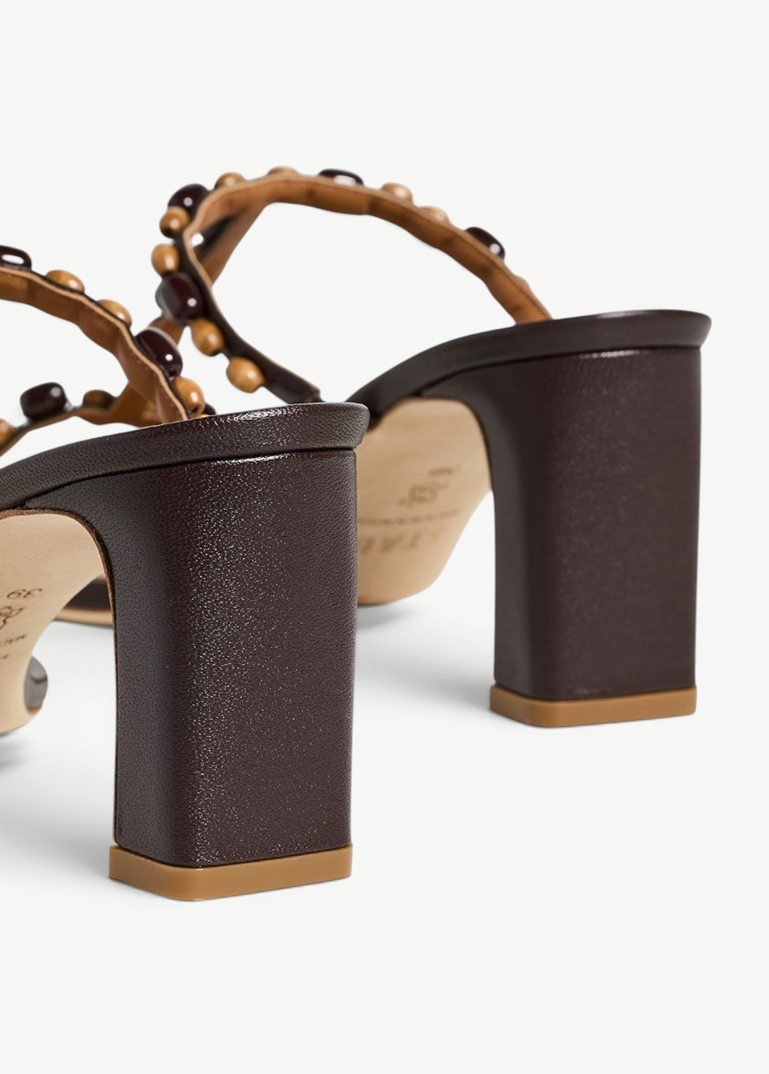 KABE SHOP INC Talita Heel dark brown block heel sandals with decorative wooden and dark bead strap details