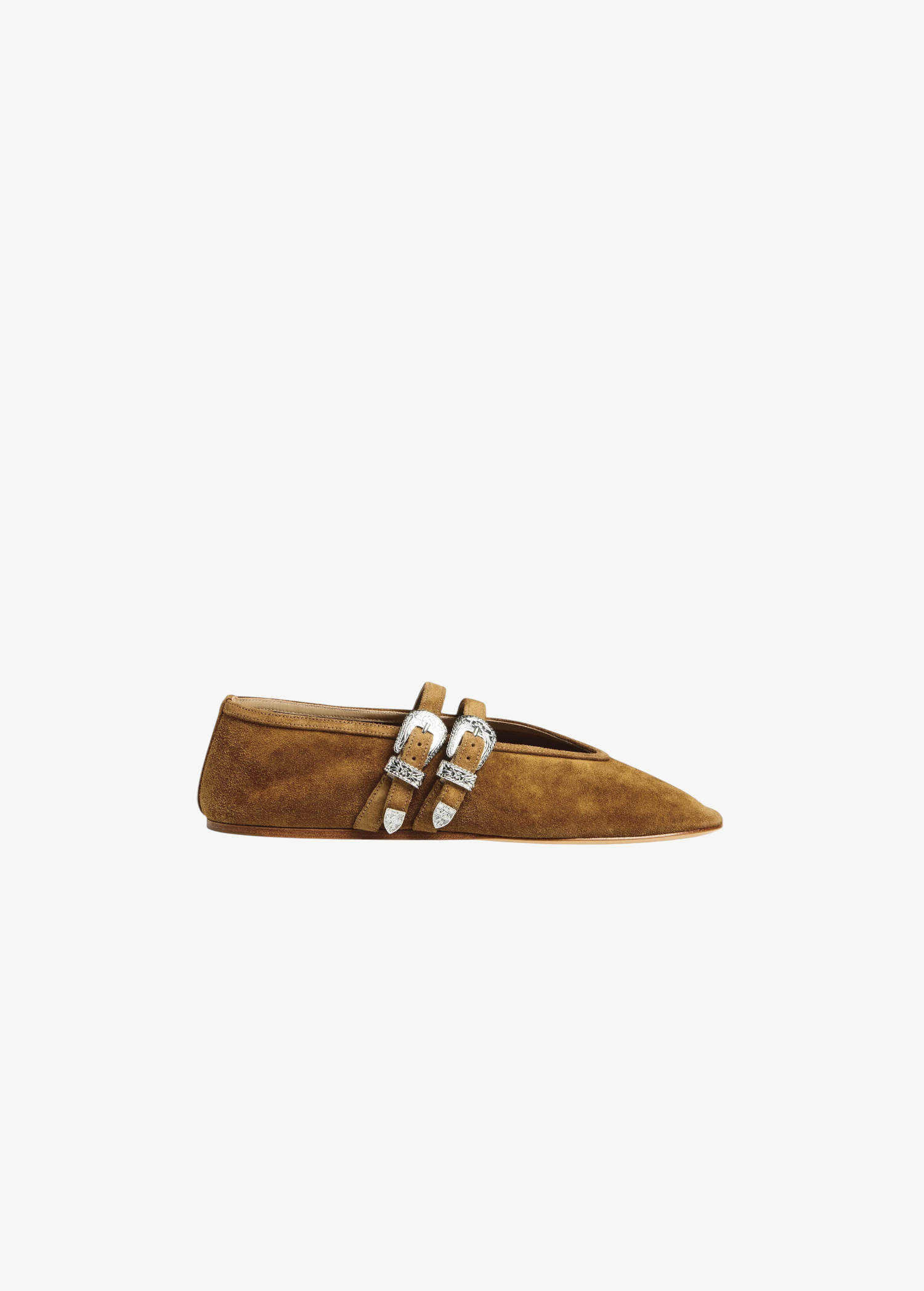 KABE SHOP INC Ballet Claudia slipper in taupe suede with dual western-style silver buckles and pointed toe design.