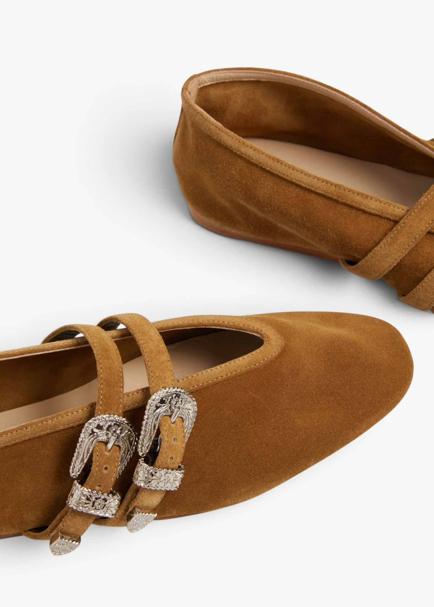 KABE SHOP INC Ballet Claudia taupe suede slipper shoes featuring double western-style silver buckles