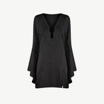 KABE SHOP INC Thaleen Mini Kaftan in black with a deep V-neckline and dramatic flared sleeves.
