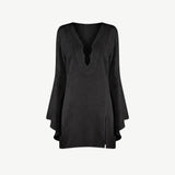 KABE SHOP INC Thaleen Mini Kaftan in black with a deep V-neckline and dramatic flared sleeves.