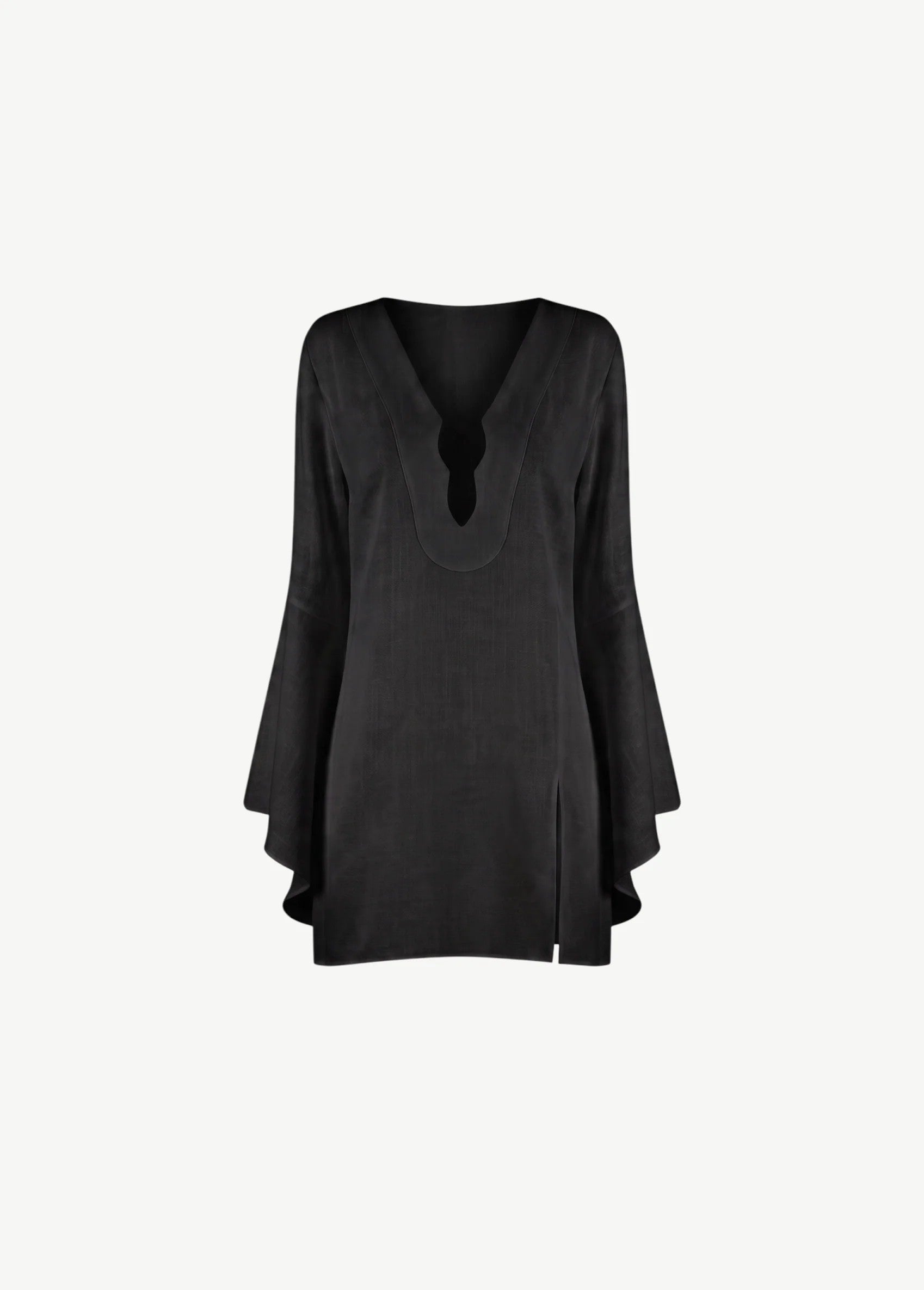 KABE SHOP INC Thaleen Mini Kaftan in black with a deep V-neckline and dramatic flared sleeves.