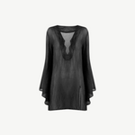 KABE SHOP INC Thaleen mini kaftan dress in sheer black fabric with a deep V-neckline and flowing bell sleeves