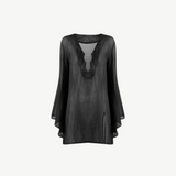 KABE SHOP INC Thaleen mini kaftan dress in sheer black fabric with a deep V-neckline and flowing bell sleeves