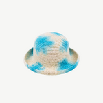KABE SHOP INC Pora crochet bucket hat featuring a unique blue and white tie-dye pattern on a textured knit fabric.