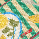 KABE SHOP INC Tommy beaded shoulder bag featuring a green and cream striped pattern with a lemon and cutlery motif.