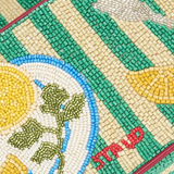 KABE SHOP INC Tommy beaded shoulder bag featuring a green and cream striped pattern with a lemon and cutlery motif.